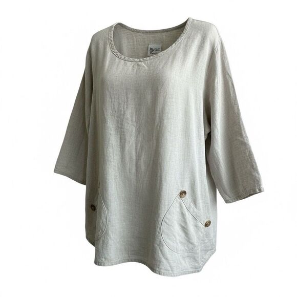 Tops - Hearts Desire By Mary Grace Tunic 1X  Linen Beige Lagenlook Asymmetrical Pockets